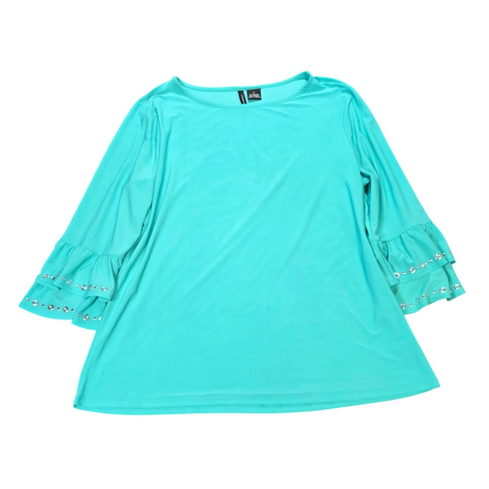 New Directions Ruffle Sleeve Blouse Womens Size L Green Teal Grommet Cuff Detail